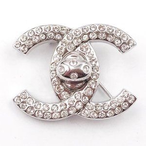 Chanel Vintage Silver CC Crystal Turnlock Brooch